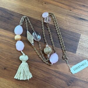 NWT Robert Rose Gold Tone Pink Tan Beaded Long Statement Boho Necklace